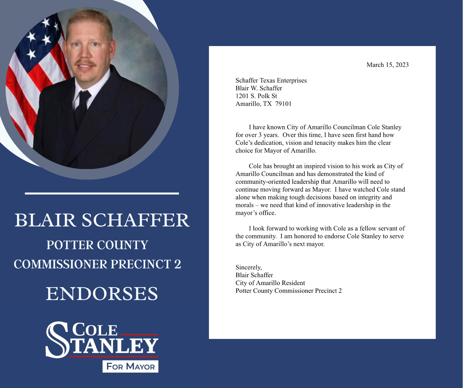 Blair Schaffer Endorses Cole Stanley