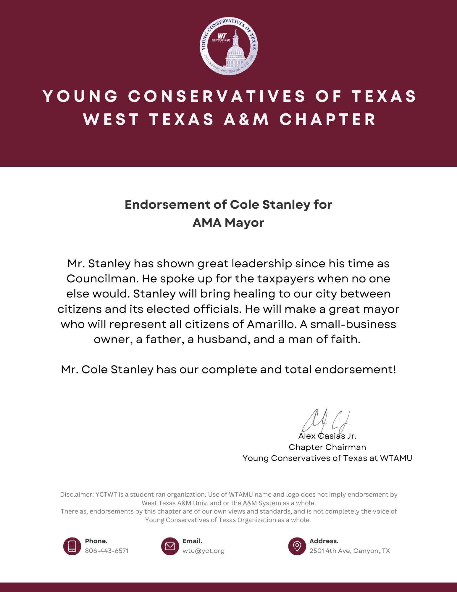 Young Conservatives of Texas | West Texas A&M Chapter Endorsement